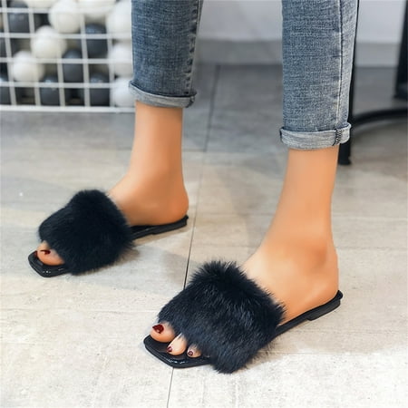 

HIBRO Ladies Fashion Solid Color Plush Outer Wear Open Toe Flat Casual Slippers