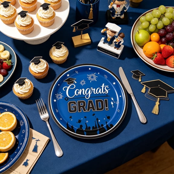 QuanTara Graduation Party Supplies – Cap-Themed Paper Plates & Tablecloth Set, Disposable Blue Graduation Decorations for Celebrations