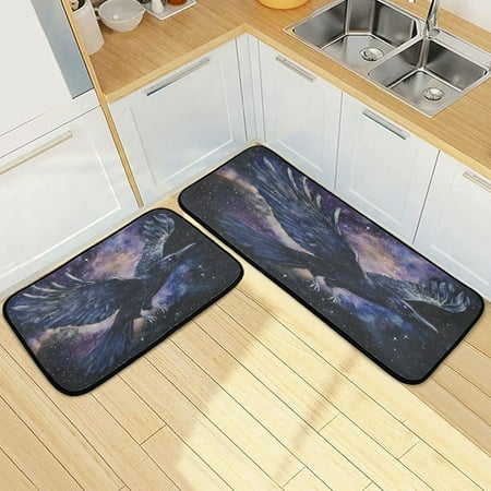 

Wobogo The Starry Night Crow Kitchen Carpet Set of 2 Absorbent and Stain Resistant Non-slip Star Rubber Backing