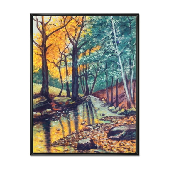 Designart 'Landscape With Autumn Forest Sunset River' Traditional Framed Canvas Wall Art Print