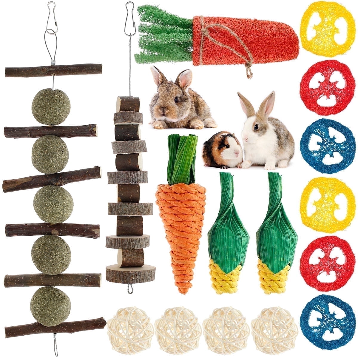 16 PCS Rabbit Chew Toys and Bunny Toys, Large Natural Loofah for Teeth Grinding