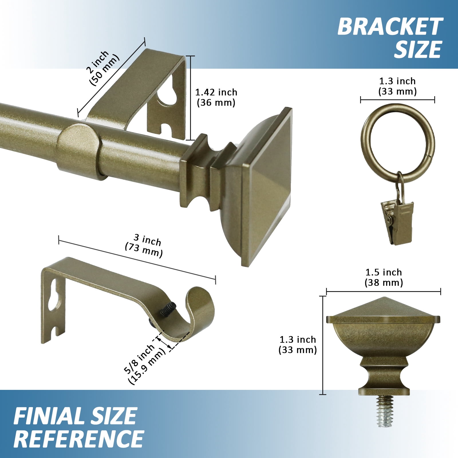 Urbanest Single Curtain Rod with 8 Clip Rings & Decorative Square Urn Finials – Classic Metal Window Drapery Rod Set, Heavy-Duty & Adjustable, 5/8" Diameter, 28" to 48", Antique Gold