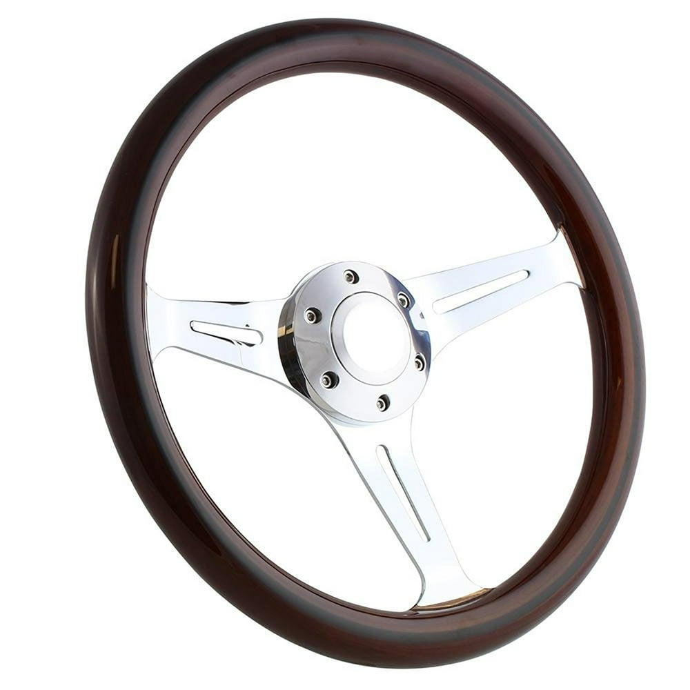 14 Inch Chrome Steering Wheel with Striped Dark Wood Grip and Slotted