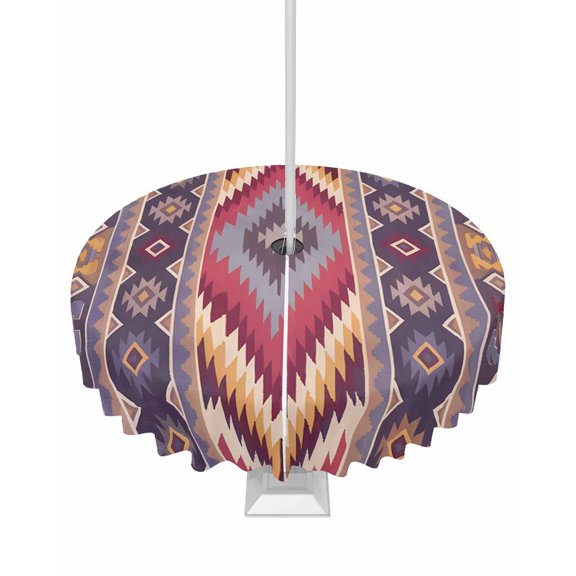 nqOlkjepod Southwest Aztec Outdoor Tablecloth with Umbrella Hole & Zipper, Country Retro Ethnic Geometric Motifs Round Table Cover 60 Inch, Dining Waterproof Table Cloth Protector for Patio/Party