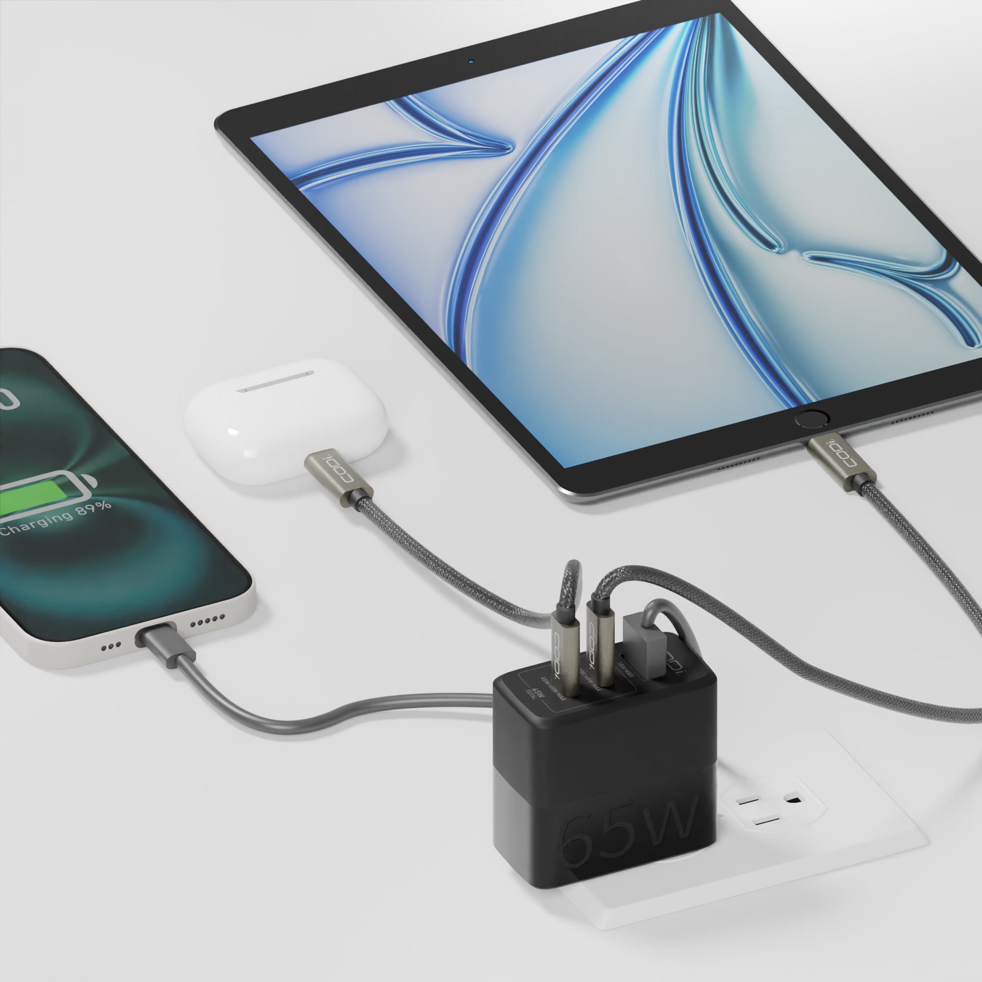 CODi 65W GaN Triple Port Wall Charger | USB-C & USB-A Fast Charging, Quick Charge 3.0, Universal Compatibility