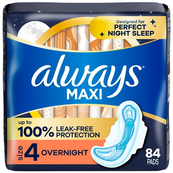 Always Maxi Overnight Pads with Wings for Women, Size 4, Overnight Absorbency, Unscented, 84 Count