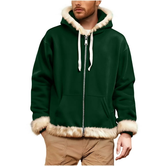 Men's Christmas Hooded Jacket Fleece Lined Long Sleeve Drawstring Solid Zip Up Cardigan Coat with Pockets Green S
