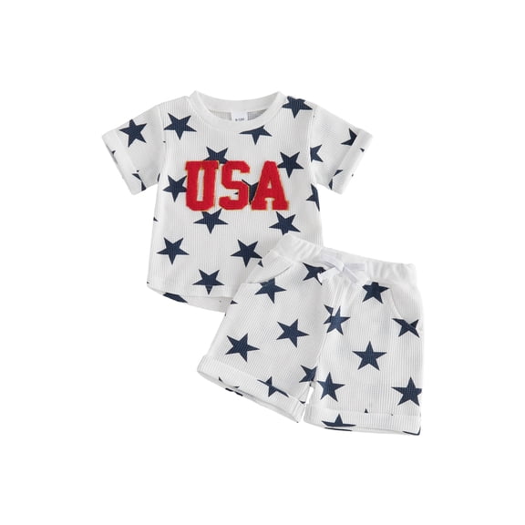 Cenuakty 2Pcs Toddler Boy Outfit Independence Day Short Sleeve Crew Neck Star Print Waffle Knit Tops and Elastic Waist Shorts