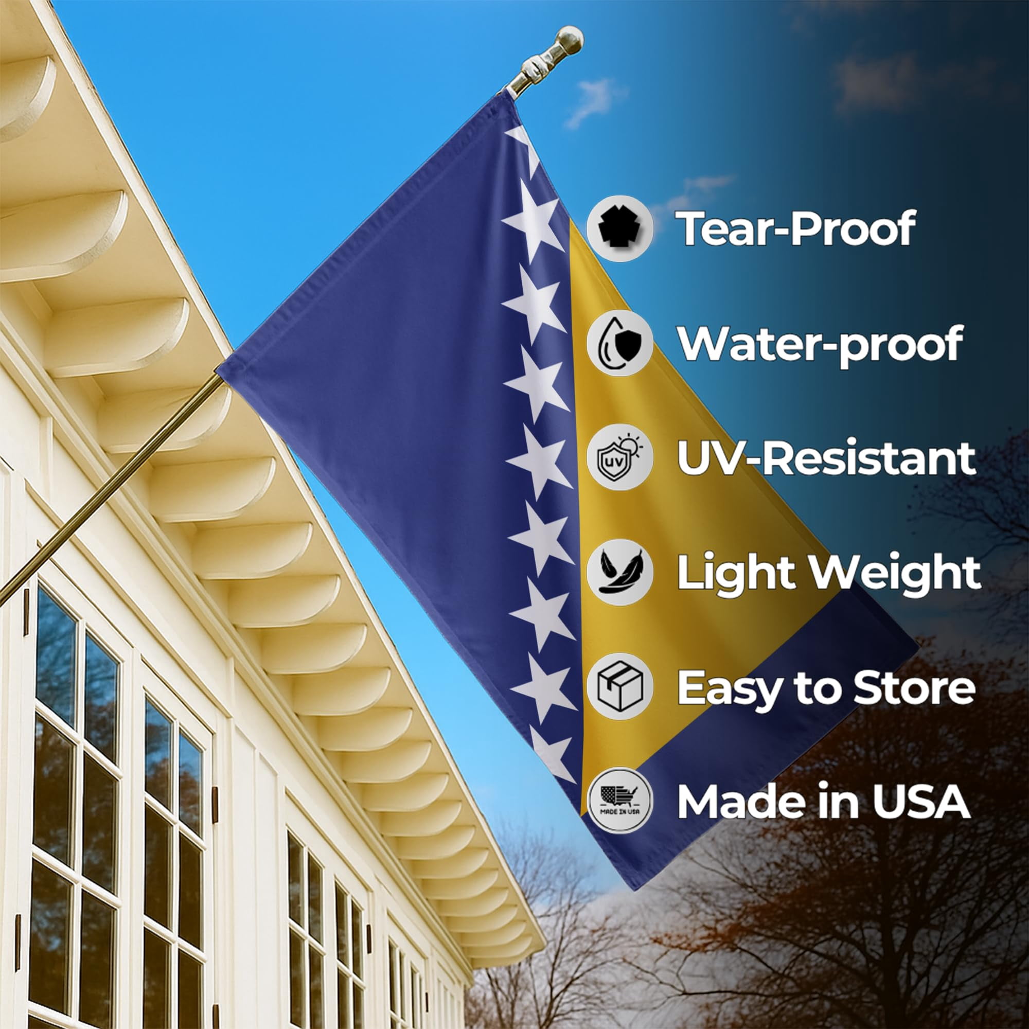 Bosnia and Herzegovina Outdoor Flag (5x8ft) by DreamController - Durable, Fade-Resistant Polyester, Double-Stitched, Brass Grommets - HD Printed Southern Europe Flag - Made in USA