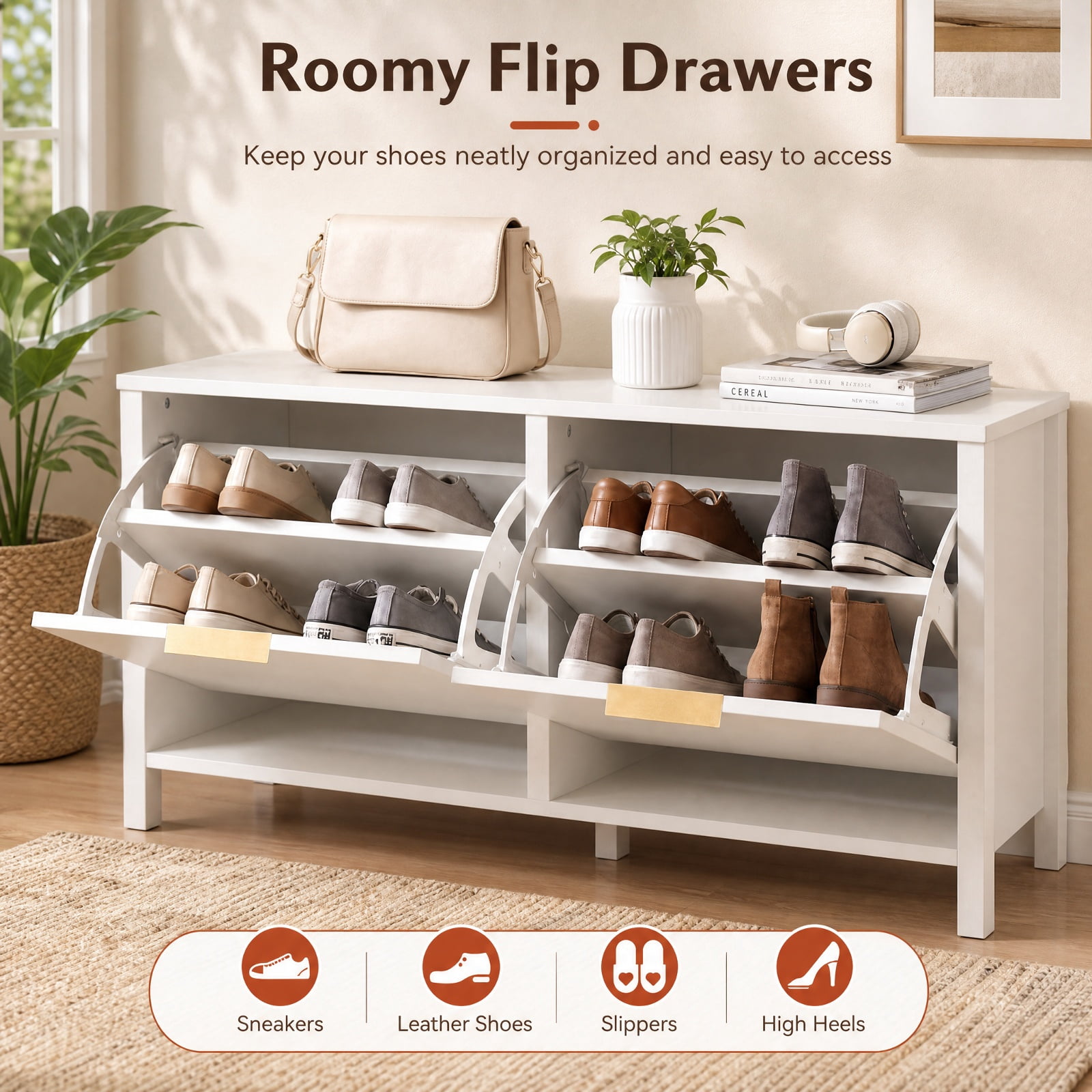 Furnibear Shoe Storage Bench Narrow Wooden Entryway Bench with 2 Flip Drawers and Adjustable Shelves for Hallway Bedroom, White