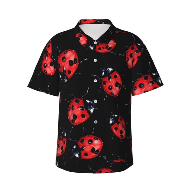 Balery Beautiful Red Ladybug Camisas hawaianas de manga corta para hombre, camisas playeras de corte holgado, camisas de vacaciones con botones,Small