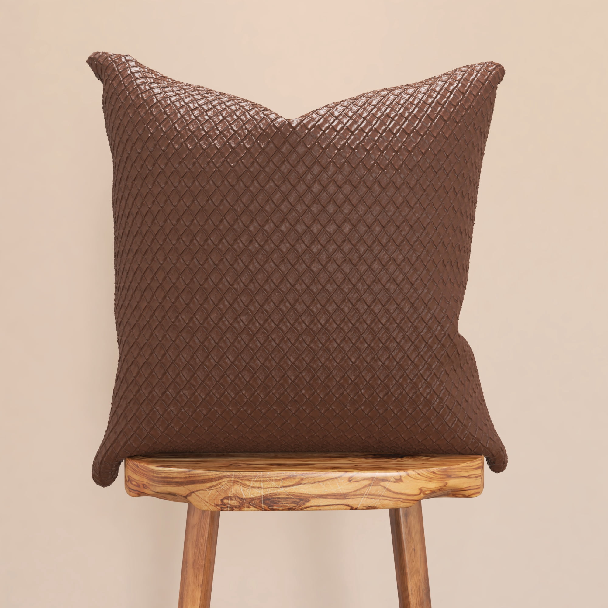 Decorative Throw Pillow Cover, 18” x 18”, Brown, Embossed Diagonal Basketweave Pattern in Brown on Fauz Leather Creating a Natural Sense of Style for an Living Room, Bed, and Sofa.
