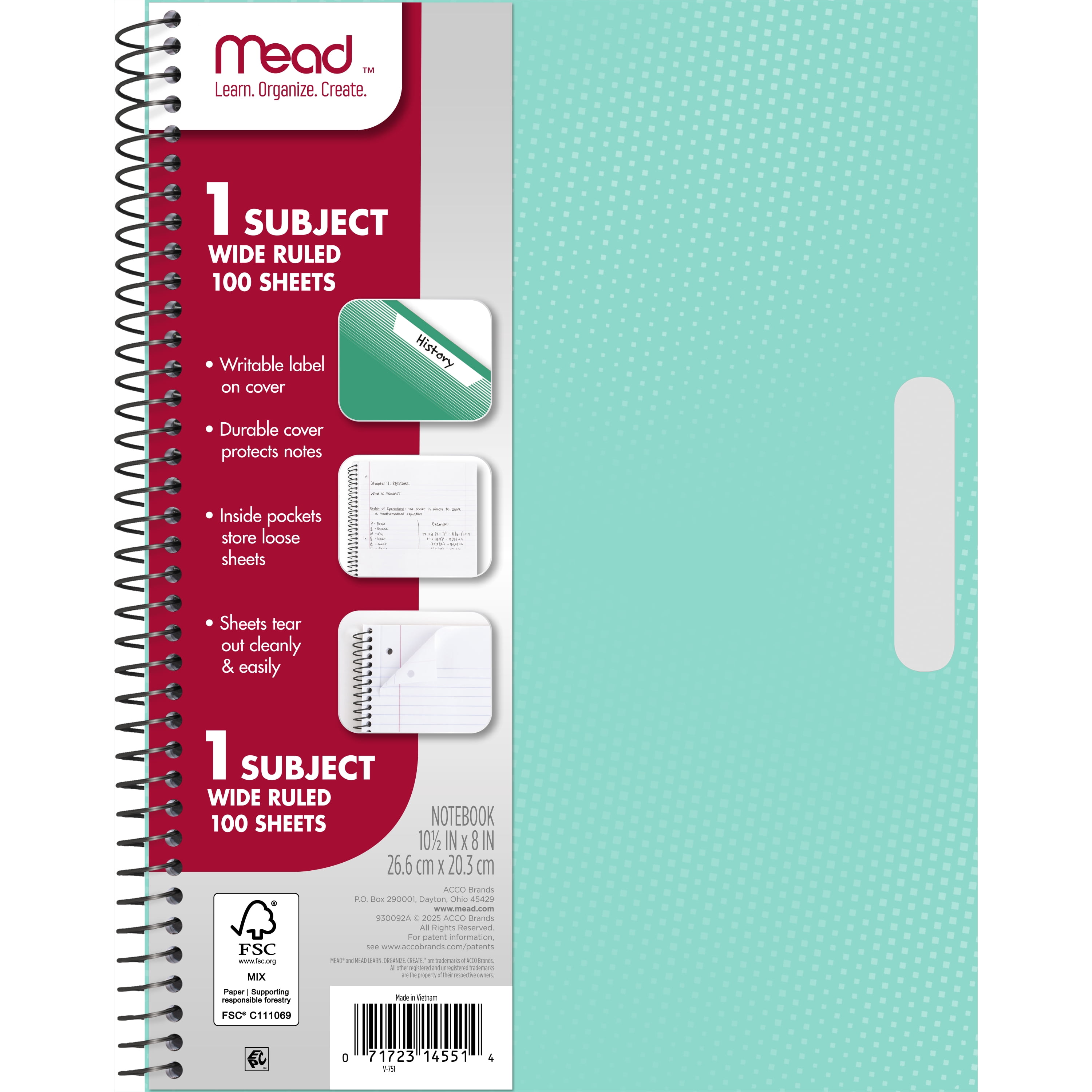 Mead 1 Subject Wide Ruled Notebook, 8" x 10.5", Pastel Green, Poly, Spiral, 100 Sheets
