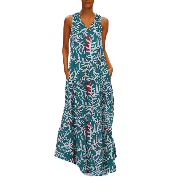 IROINNID Women's V-Neck A-Line Dress Fashion Sleeveless Casual Floral Printed Full-Length Dress