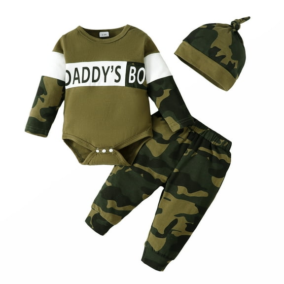 Newborn Baby Boys Clothes 3 Months Boys Pant Set Outfits Set Newborn Boys Long Sleeve Letter Print Romper Top Camouflage Pants Hat 3PCS Set Green