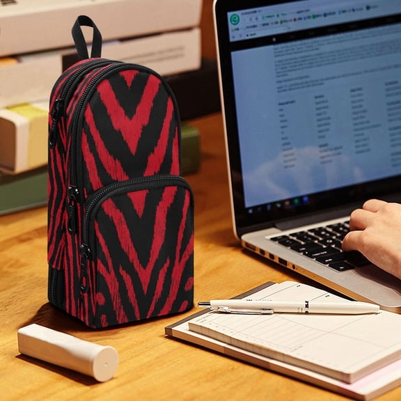 Backpack Pencil Case, 3 Compartment Large Capacity Oxford Fabric Pencil Pouch / Bold Crimson Chevron Pattern
