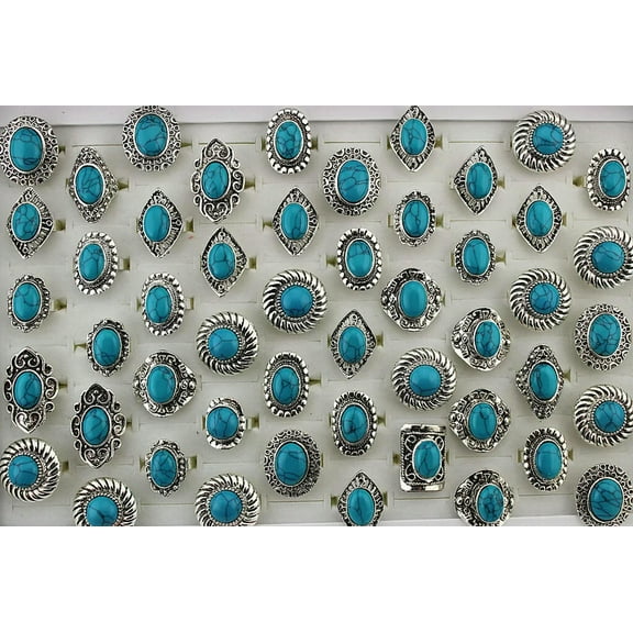 K-KED Wholesale Mixed Lots 32pcs Womens Blue Turquoise Stone Rings Adjustable Ring