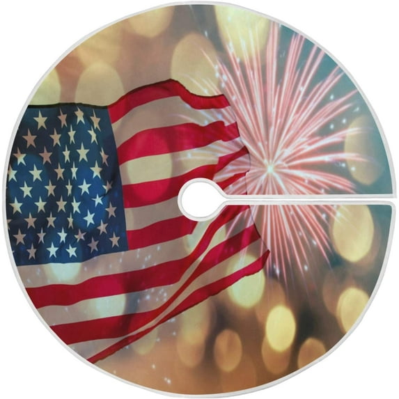 FMSHPON Independence Day Beautiful American FlagFireworks Xmas Christmas Tree Skirt Stand Mat for Holiday Party Decoration Indoor Outdoor 36 inches