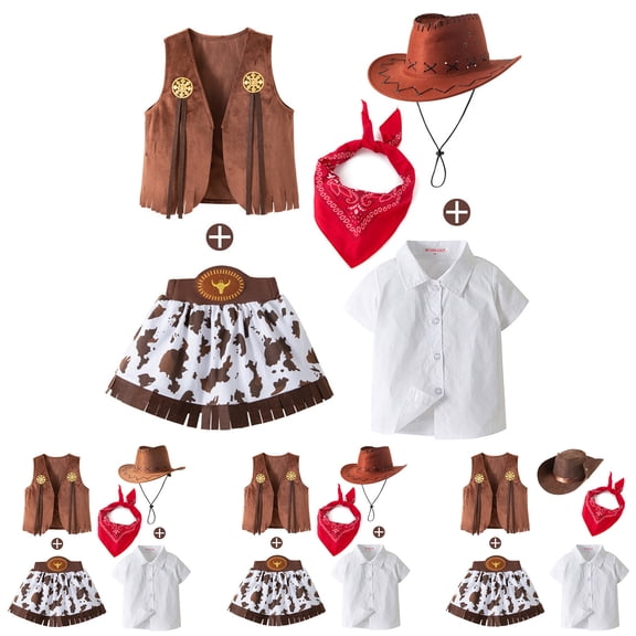 Cowboy Girls 5 Piece Outfit Short Sleeve Shirt Sleeveless Cardigan Vest with Denim Skirt Hat Western Kids Clothes Set Brick Red Size 6-7 Y