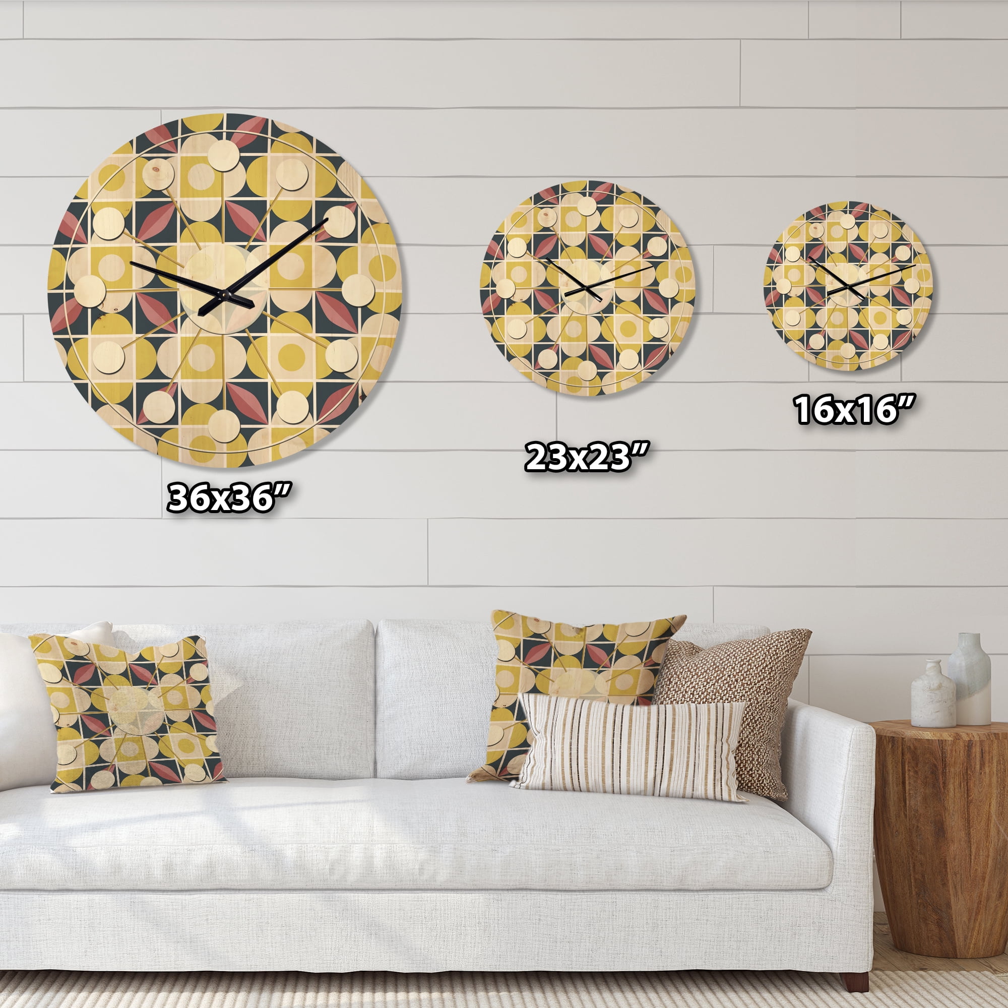 Designart 'Retro Pattern With mosaic style' Mid-Century Modern Wood Wall Clock