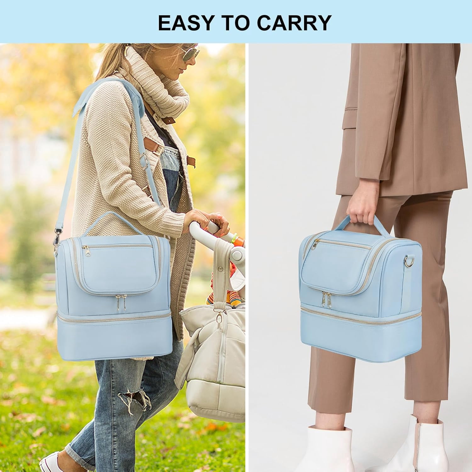 Wearable Breast Pump Bag with Cooler Compartment Fits for Willow/Eufy/Elvie/Momcozy M5/S12 Pro/Medela, Breast Milk Travel Tote Bag with Ice Pack & Waterproof Mat,Blue