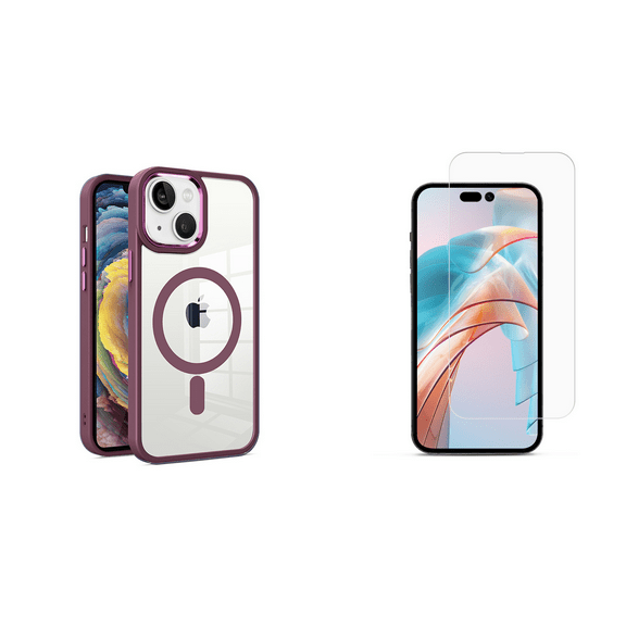 BEMZ Orbit (Compatible with MagSafe) Protective Case for iPhone 15 Plus (with Tempered Glass Screen Protector) Burgundy Red / Transparent Clear