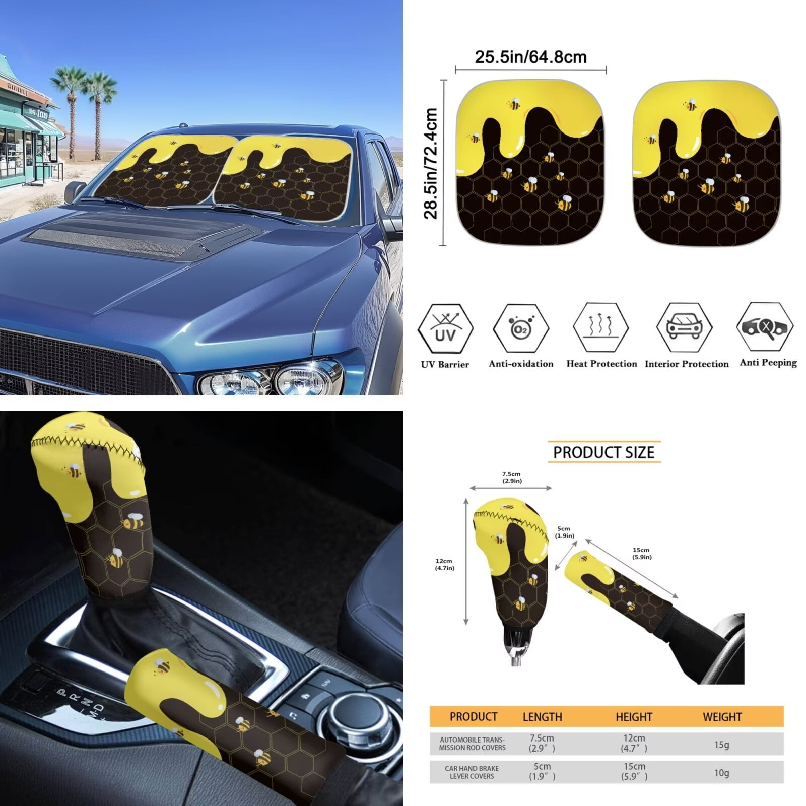 Garronmavis Bee Honey 16 Pcs Car Accessories Set Car Seat Belt Pads Cover Auto Keychain Holder Gear Shifting Knob Cover Cup Mats Front Window Sunshade Rearview Mirror Cover