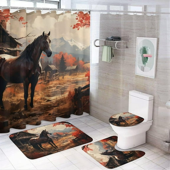 Rustic Horse Shower Curtain Set for Bathroom 4Pcs Watercolour Sunrise Forest Animals Bathroom Sets with Rugs Toilet Lid Cover Bath Mat Shower Curtain Set with Hooks, Bathroom Decor