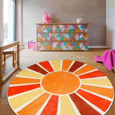 Sun Kids Rug,2.6 ft Rainbow Kids Rugs for Room,Non-Slip Washable Round Kid playroom rug,Ultra Soft Circle Nursery Rug Colorful Kids Area Rug for Kid Room Classroom Bedroom Living Room Decor（Orange）