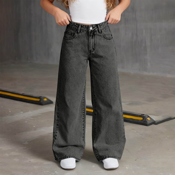 ITSAME Girls Denim Pants, High Waist Back Pocket Bow Embroidery Loose Fit Stylish Casual Jeans Dark Gray 12-13T