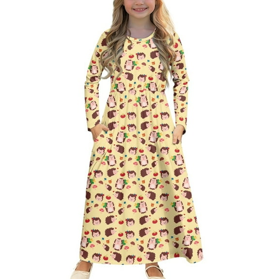 DISNIMO Cute Hedgehog Dress Girls Long Sleeve Dresses Size 5-6 Dresses for Kids Long Swing Dress with Pockets Long Sleeve Crew Neck Dress for Kids Girls Twirl Dresses Soft