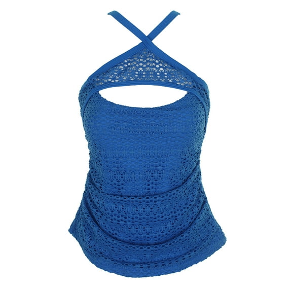 Island Escape Women Blue Crochet High Neck Tankini Top Swimsuit Size 8 MSRP $34