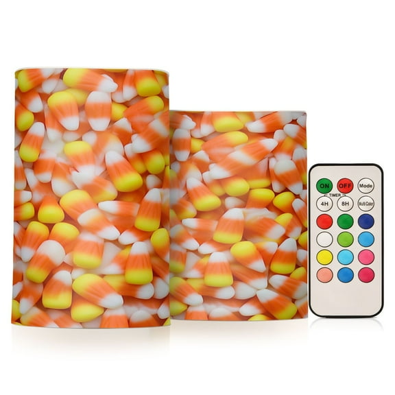2 PCS Flameless Candles with Remote Timer LED Battery Operated Flickering Candle Light for Wedding Table Home Decoration Gifts Candy Corn