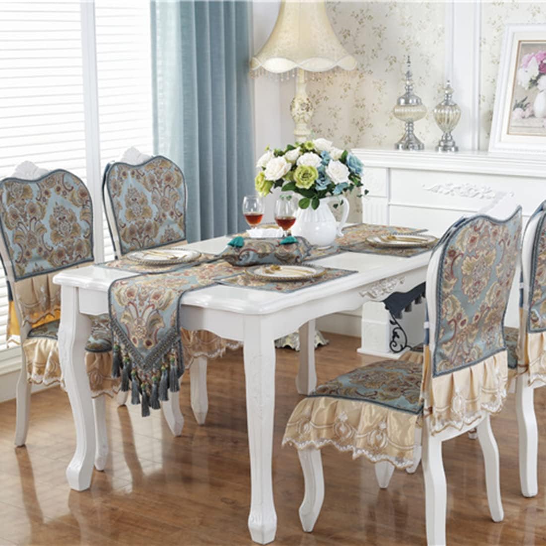 CHUNTIAN French Country Luxury Floral Pattern Table Runner with Beads Tassels Kitchen Decor Silk Blend Tea Table Table Runners (Beige,13" W x 89" L)