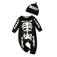thumbnail image 2 of CUZIBR 2 Piece Baby Boys Halloween Skeleton Costume Set Long Sleeve Bone Print Jumpsuit Snap Crotch Romper With Letter Knit Beanie Hat Toddler Infant Party Outfit,Black,0-3 Months, 2 of 8