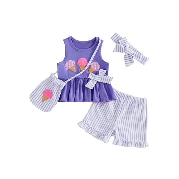 BemeyourBBs Toddler Baby Girls Summer Clothes Cute Infant Baby Girls Ice Cream Outfits Embroidery Tank Tops and Stripe Ruffle Shorts Set Bag Headband 4Pcs Clothing
