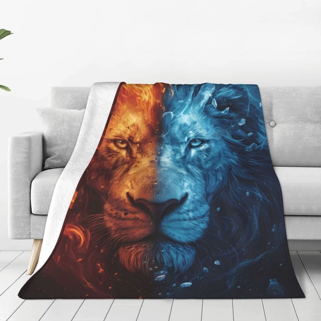 Fotbe Red And Blue Fire Lion Manta de Franela Acolchonada con Estampado, Súper Suave y Esponjosa, Extra Grande para Sofá, Cama, Uso Todo el Año-60"x50"