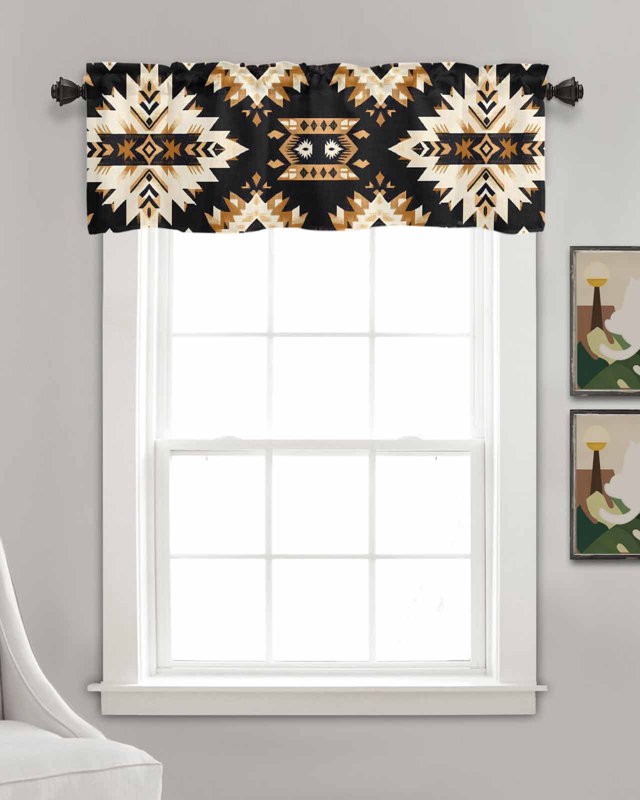 Southwestern Aztec Kitchen Valances for Windows Farmhouse Linen Window Valance Curtain for Living Room Window Treatment Retro National Style Brown Abstract Valance Rod Pocket Topper, 60 x 18 Inch