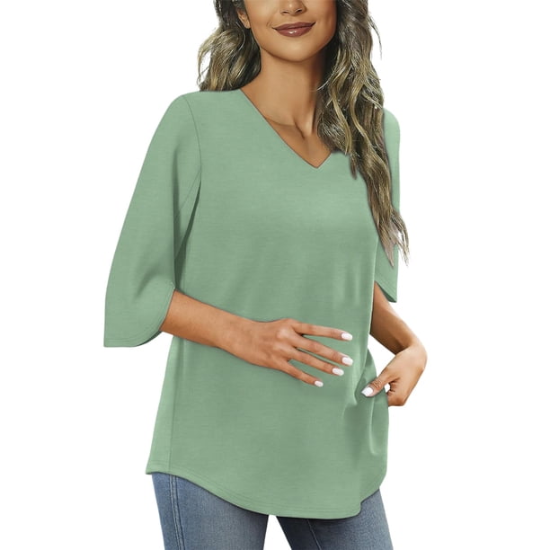 Tops de verano para mujer: túnica holgada con cuello en V y manga 3/4, poliéster, informal/trabajo/cita, para combinar con leggings
