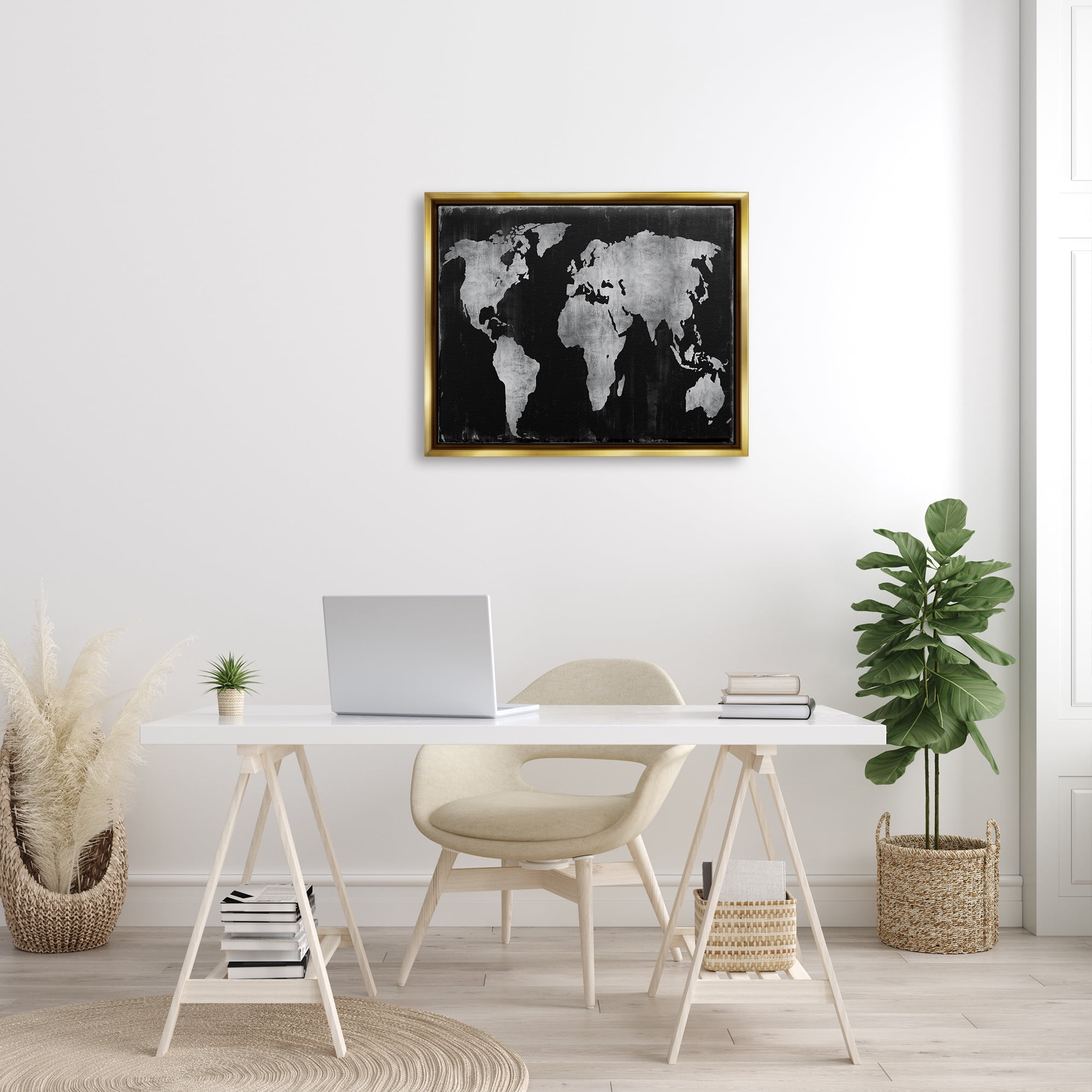 Stupell Weathered Black World Map Travel & Places Painting Gold Floater Framed Art Print Wall Art