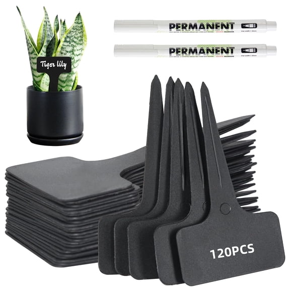SPOKKI 120Pcs Black T-Shape Weatherproof Plant Labels 2.36"x3.94" Double-Sided Plastic Stakes Indoor/Outdoor Garden Tags for Veggies, Fruits & Flowers Includes 2 White Small Permanent Markers