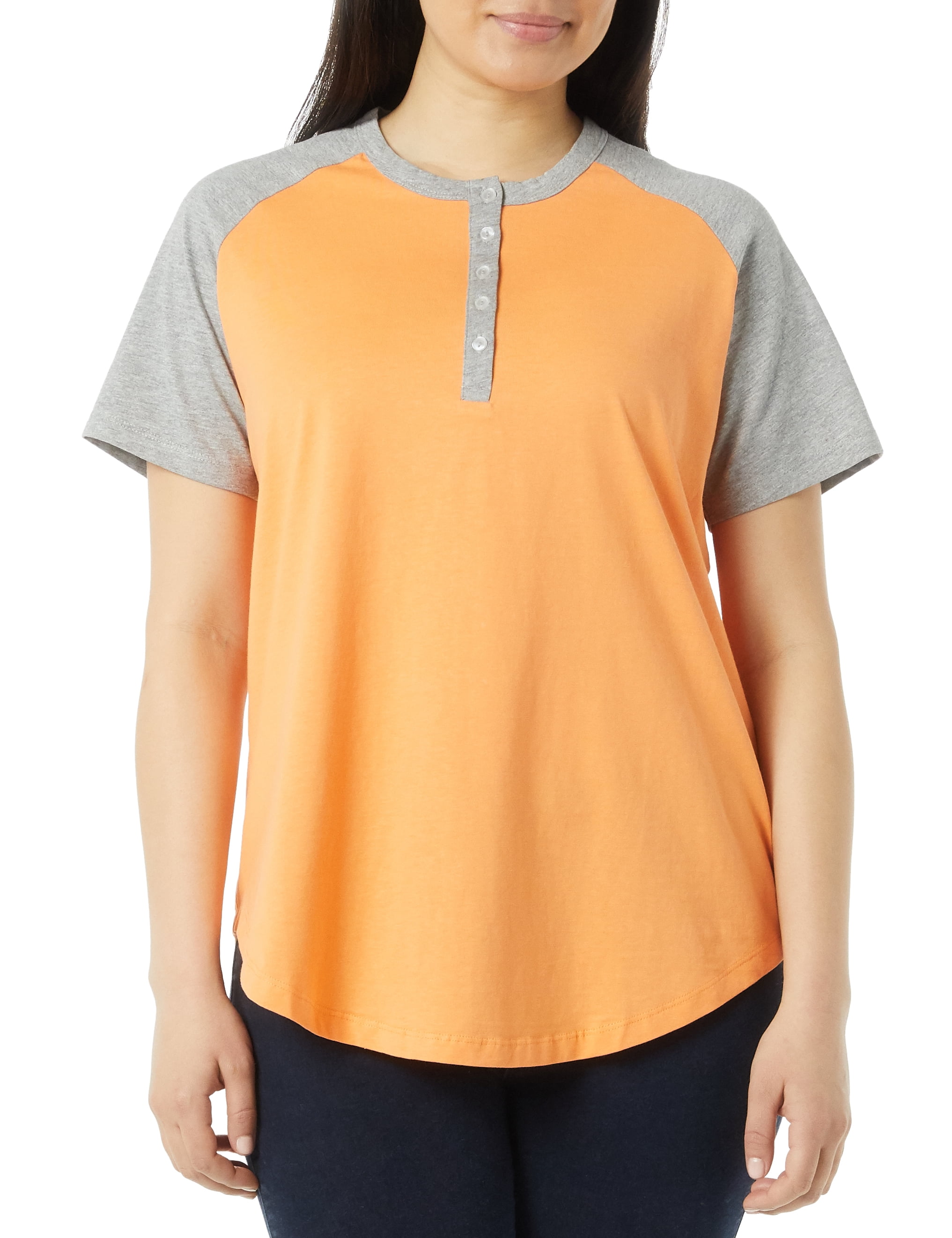 AmeriMark Womens Henley Baseball Shirt Tunic Top Contrast Sleeves Melon