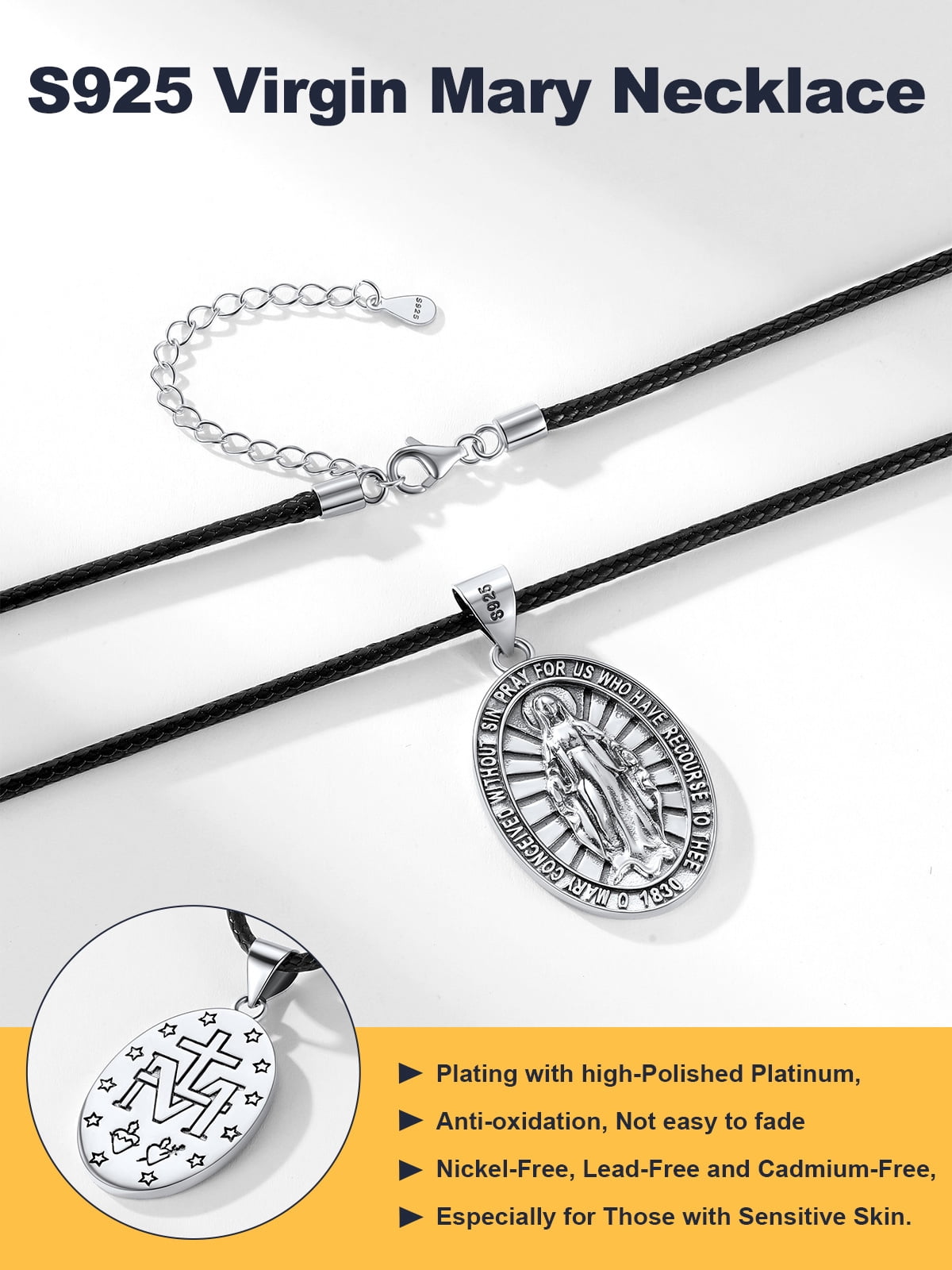 U7 Virgin Mary 925 Sterling Silver Medal Coin Pendant Leather Necklace for Women Men Religious Jewelry Gifts Protection for Her