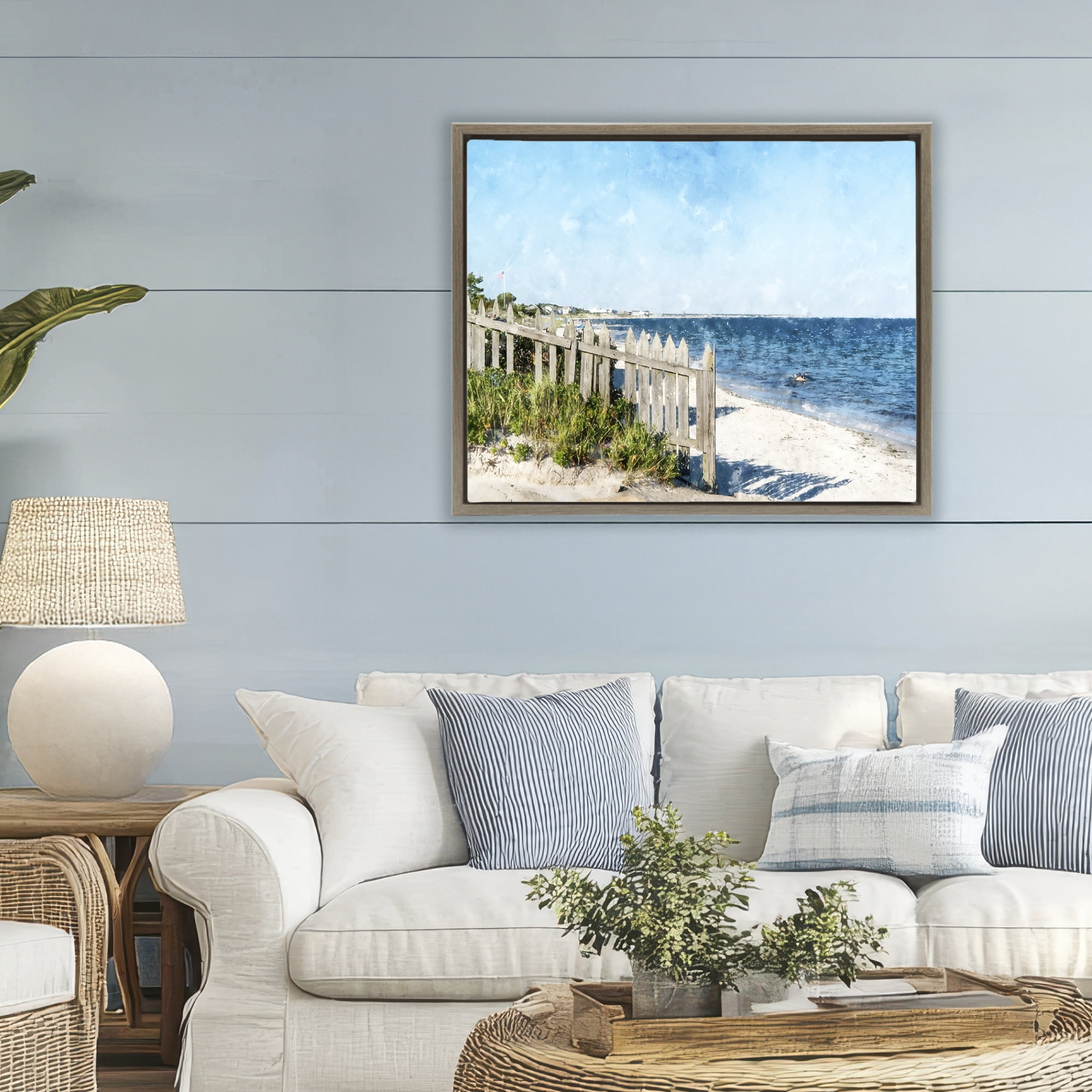 Stupell Industries Beach Pickets View Brown Framed Floater Canvas Wall Art, design by Kim Curinga