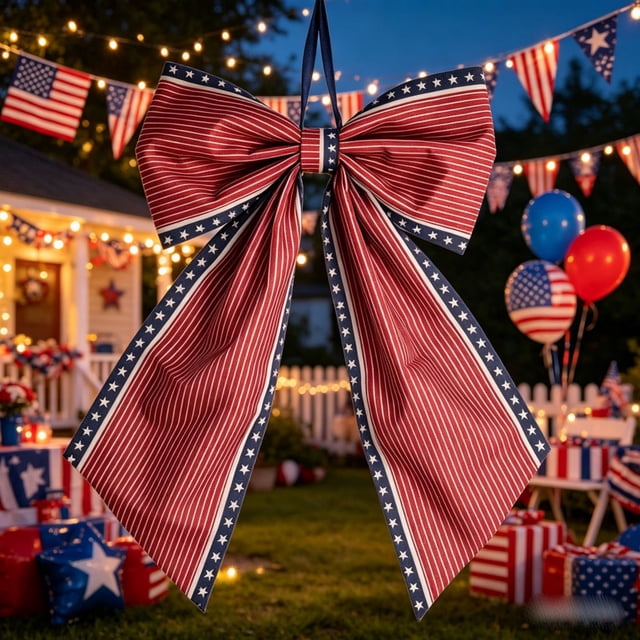 CaiYueKe Independence Day Bow Decoration Red White Blue Patriotic Door Hanging with Star Print, Reusable Holiday Party Decor for Wreaths Mantels Porch Decorations