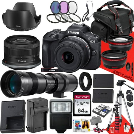 Canon EOS R100 Mirrorless Camera with RF-S 18-45mm f/4.5-6.3 IS STM and 420-800mm f/8.3 HD Telephoto Zoom Lens + 64 GB Memory + Filters + Tripod + More (31pc Bundle)