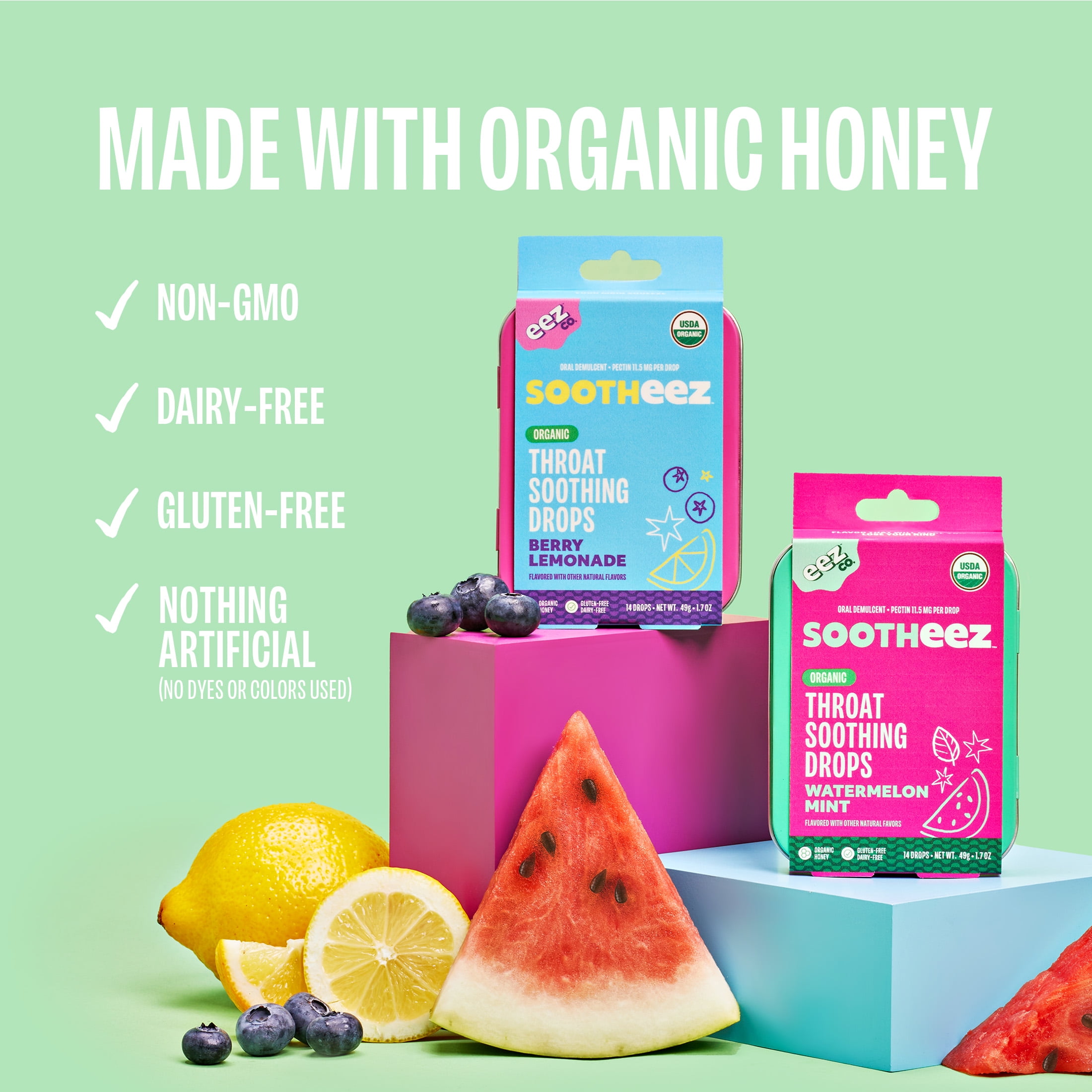 (4 pack) Sootheez by EEZ Co. Organic Throat Soothing Drops, Berry Lemonade, 14ct