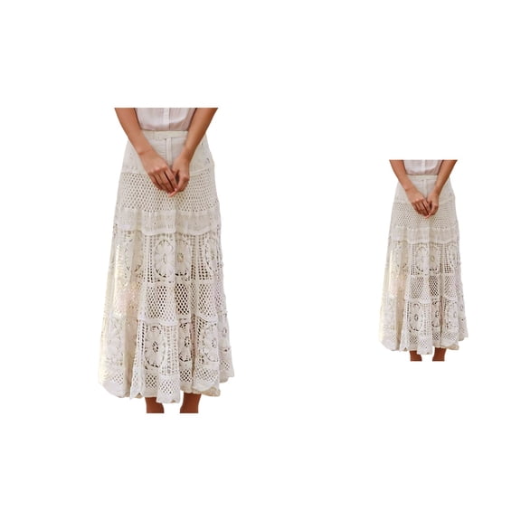 Women's Western Floral Lace Crochet Knit Maxi Boho Skirt, A-Line Eyelet Hippie Flowy Long Skirt