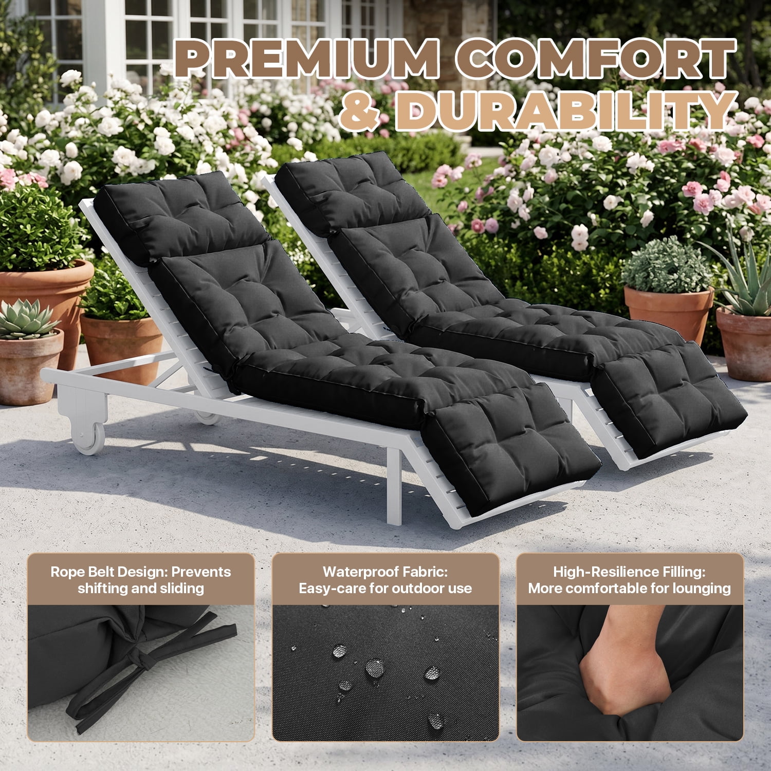 BaPiPro All-Weather Outdoor Chaise Lounge Cushion Set of 2, Secure-Tie Patio Recliner Cushion with Plush PP Cotton Support for Patio, Poolside & Balcony, Black