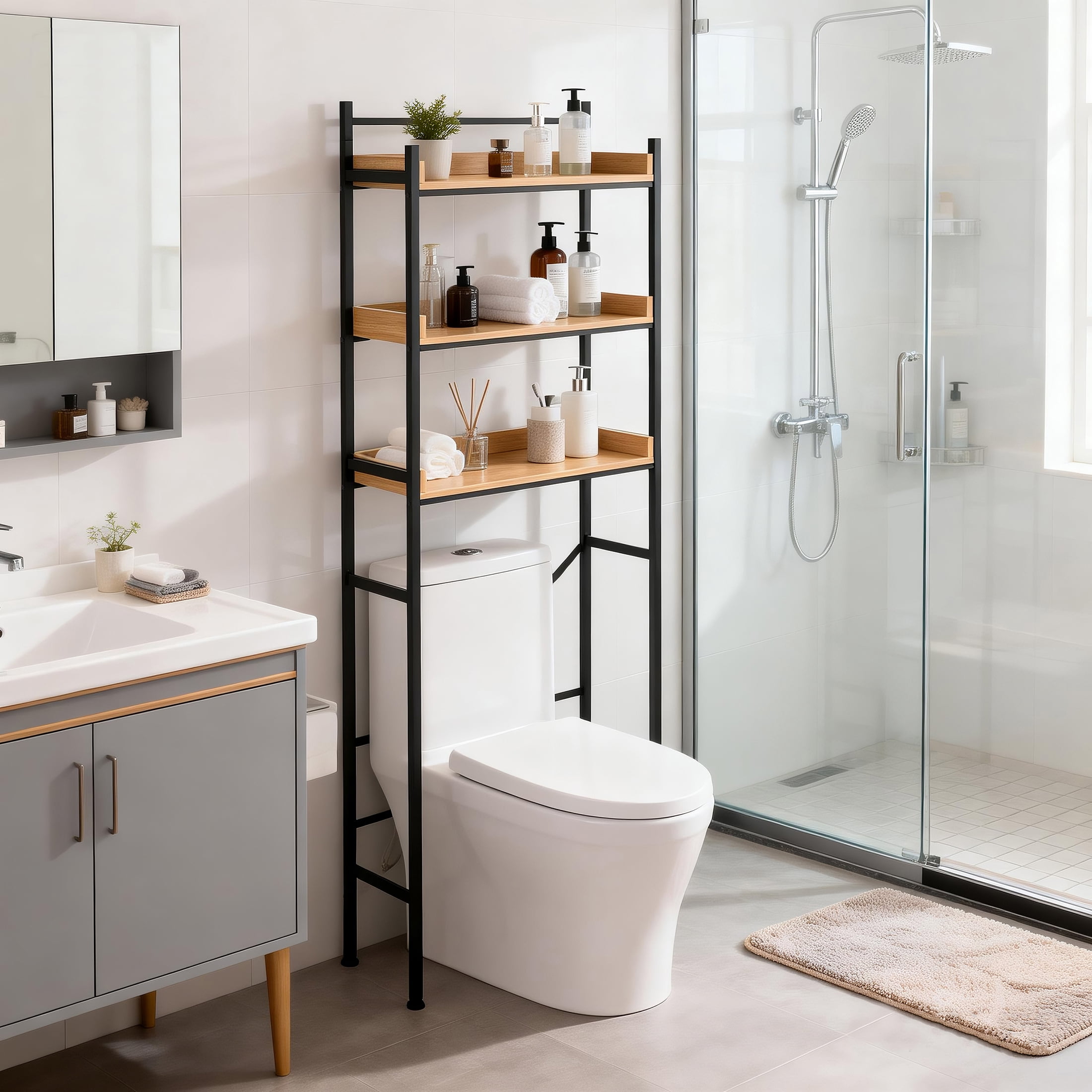 HomeZone Bathroom Quick-Assembly 3-Shelf Steel Storage Shelves with MDF Wood Grain Veneer, Matte Black
